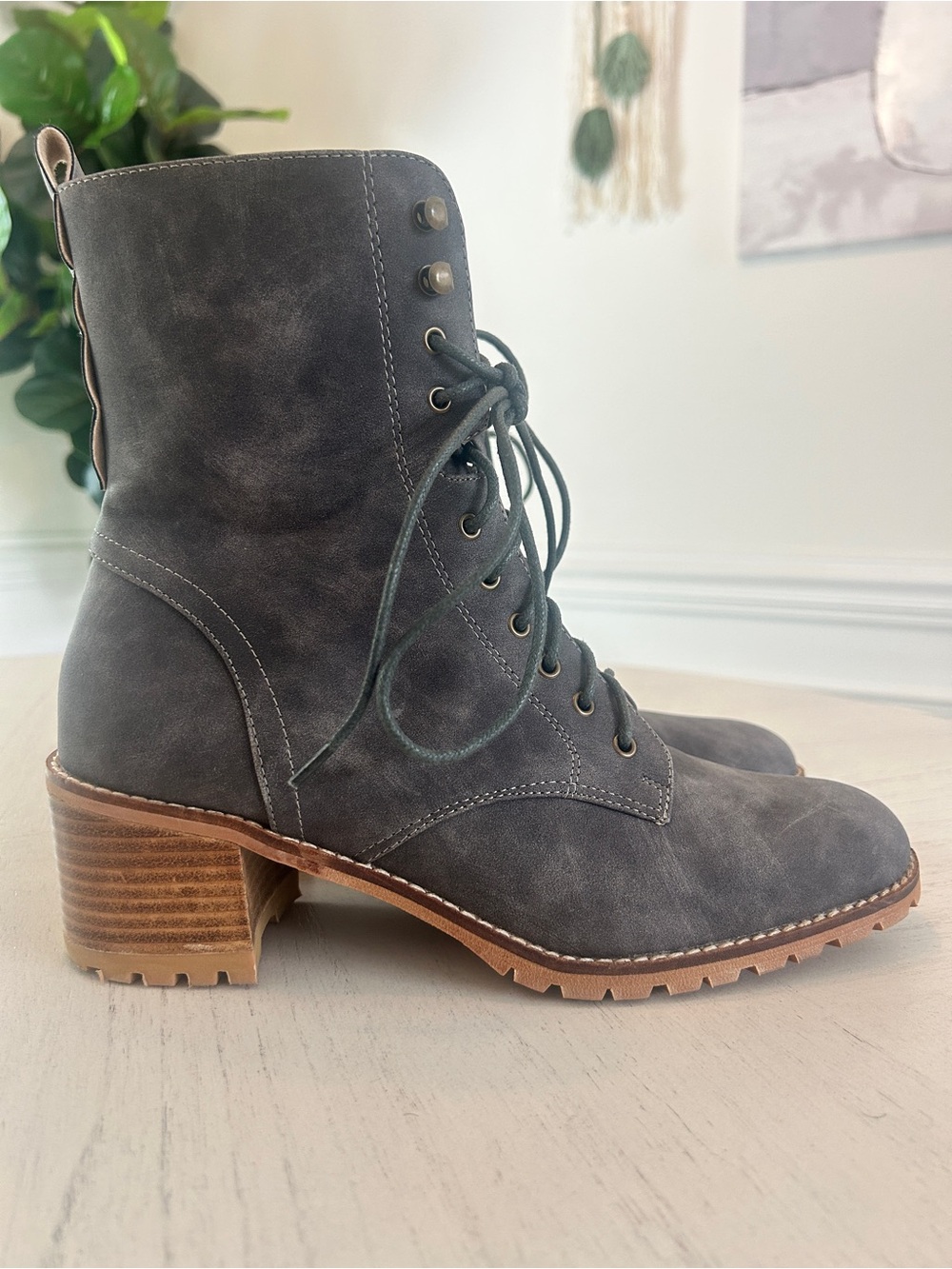 Women's Lace-Up Gray Heeled Combat Boots